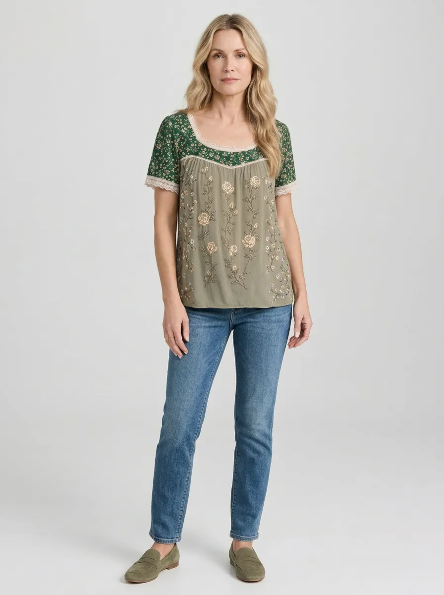 Women's Boho Floral Vintage Rose Embroidered Printed Short Sleeve T-Shirt