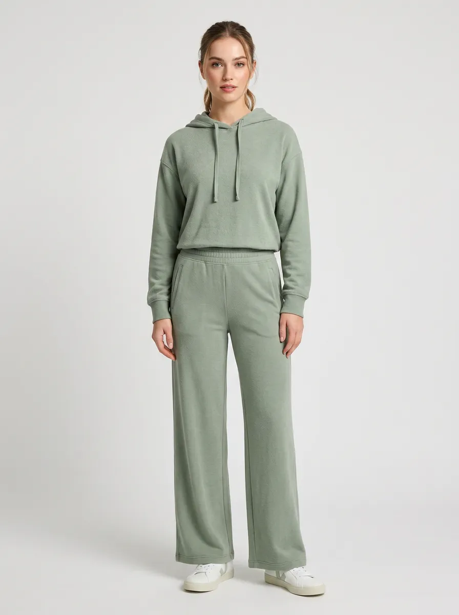 Women's Sage Green Casual Loungewear Solid Color Hoodie Set