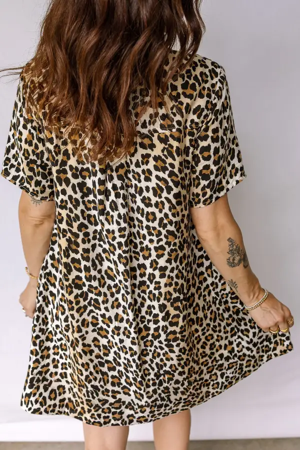 Playful Animal Print Button Front Pocket Detail Mini Dress