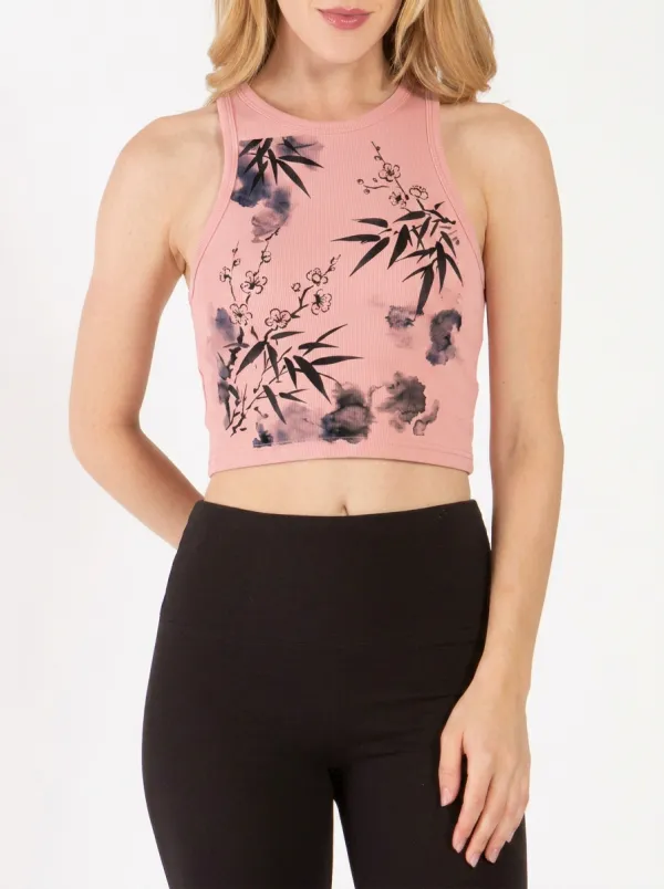 Women's Asian Floral Bamboo Ink Wash Printed Ribbed Tank Top