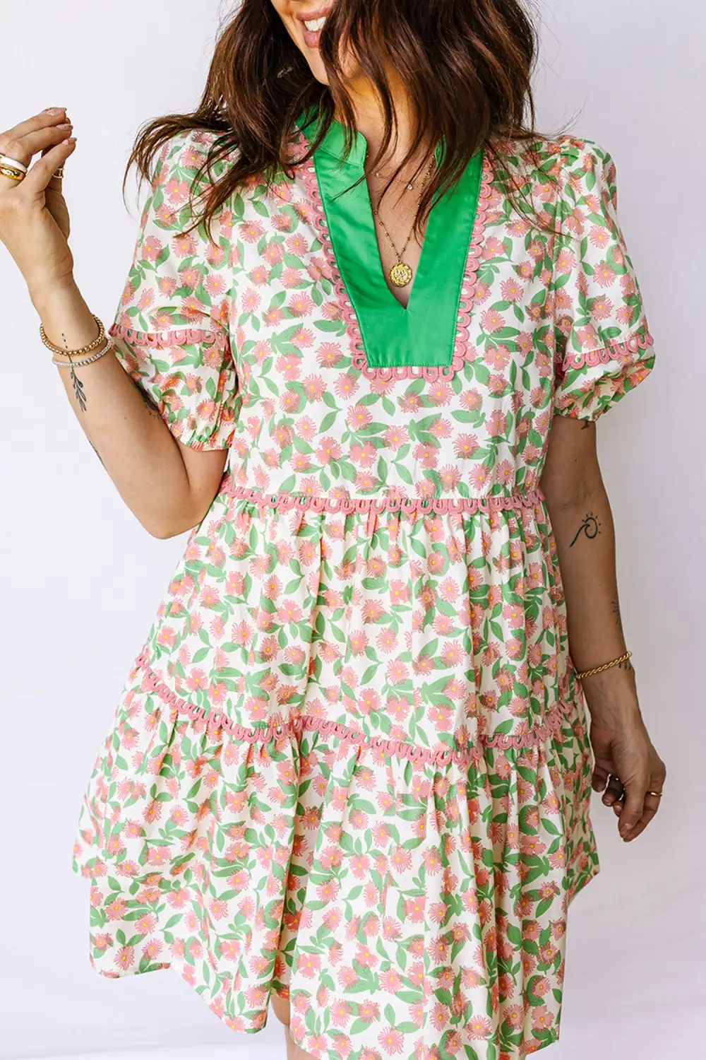 Floral Contrast Trim Puff Sleeve Mini Dress