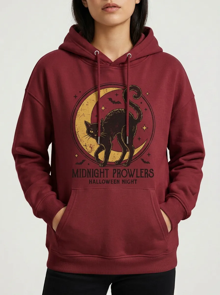 Women's Halloween Black Cat Moon Printed Hoodie