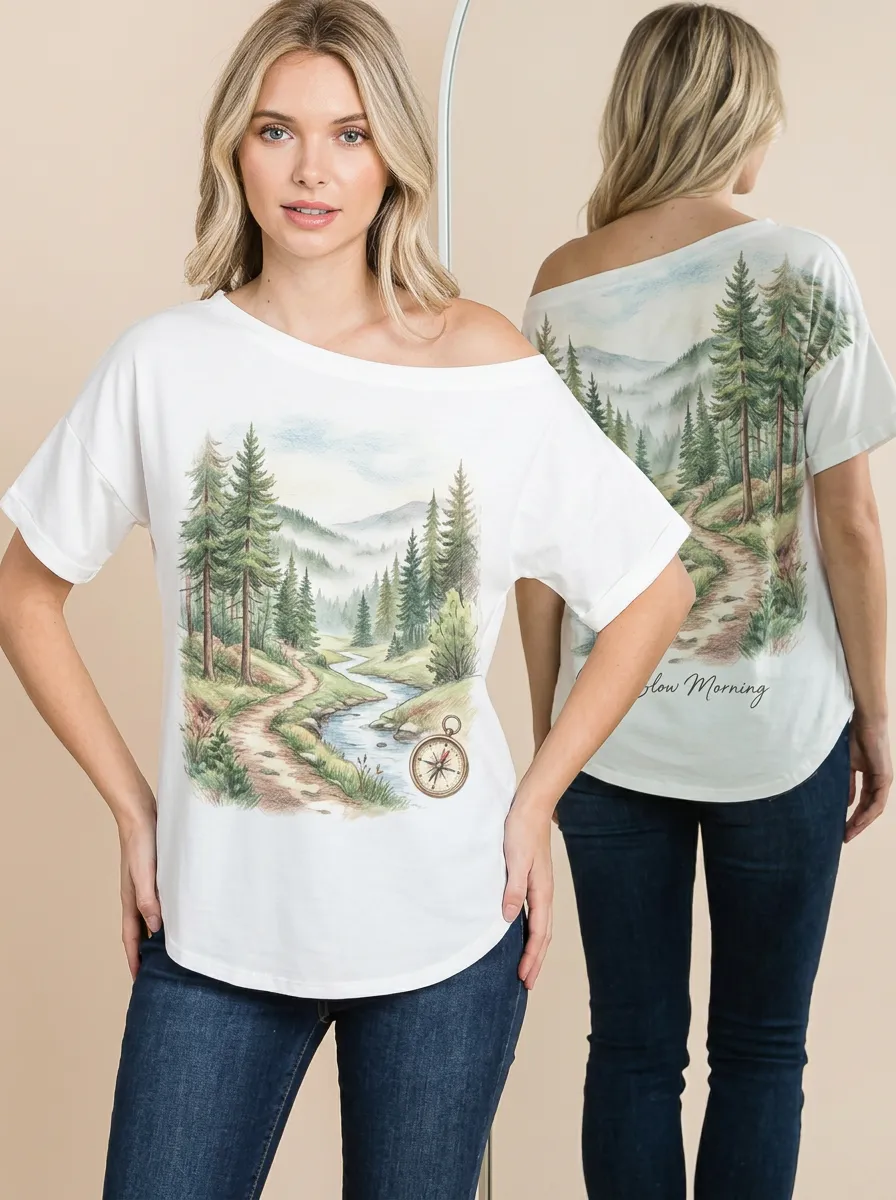 Women's Nature Hiking Compass Forest Landscape Printed T-shirt