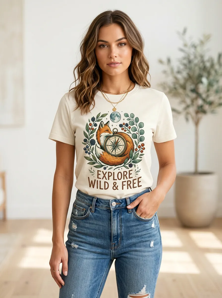 Nature Lover Fox Compass Explore Wild And Free T-Shirt