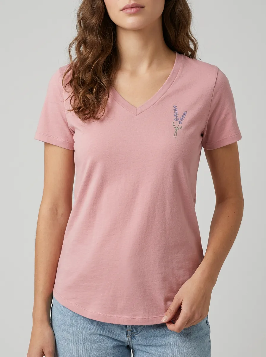 Women's Floral Lover Lavender Sprig Printed V-neck T-shirt