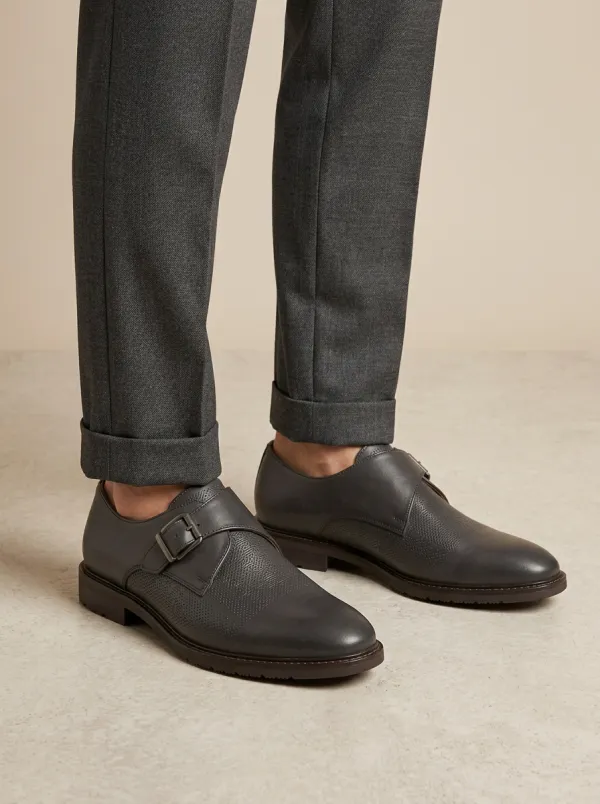 Men's Business Casual Geometric Pattern Embossed Leather Monk Strap Shoes