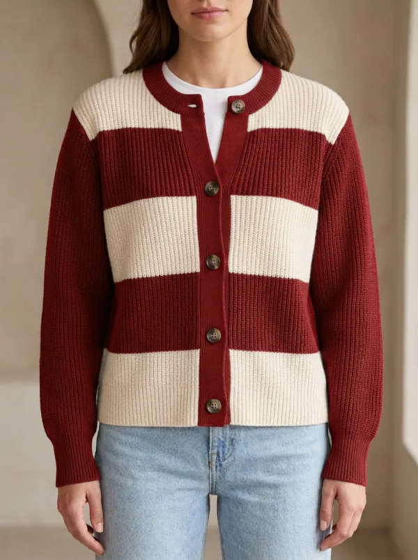 Classic Waffle Distinctive Rugby Striped Knit Cardigan