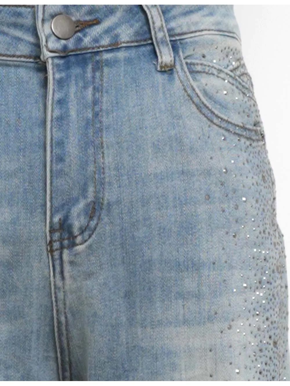 Rhinestone Stud Button Fly Flared Leg Denim Pants
