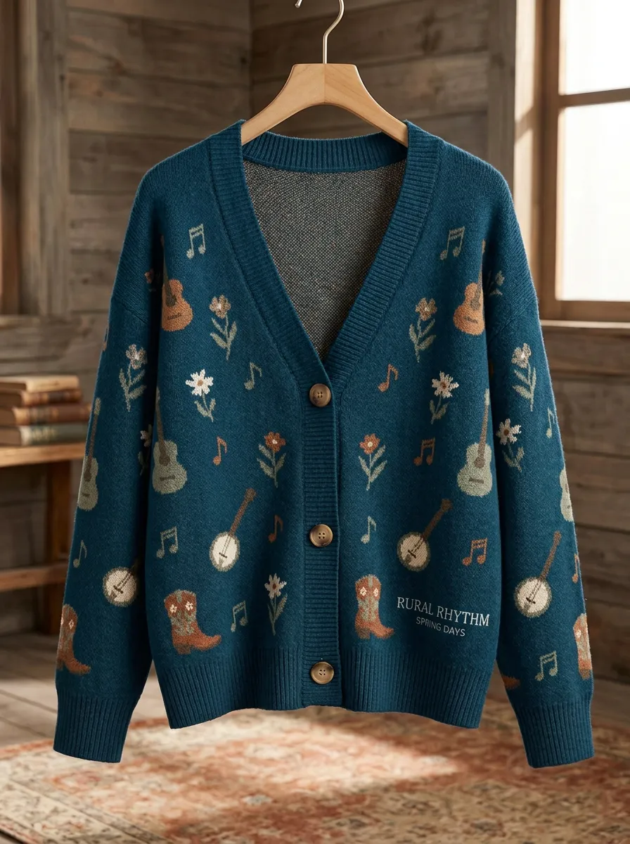 Guitar Banjo Cowboy-Boot Women's Country Music Casual Cardigan