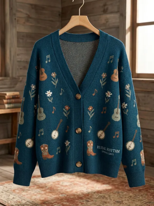 Guitar Banjo Cowboy-Boot Women's Country Music Casual Cardigan