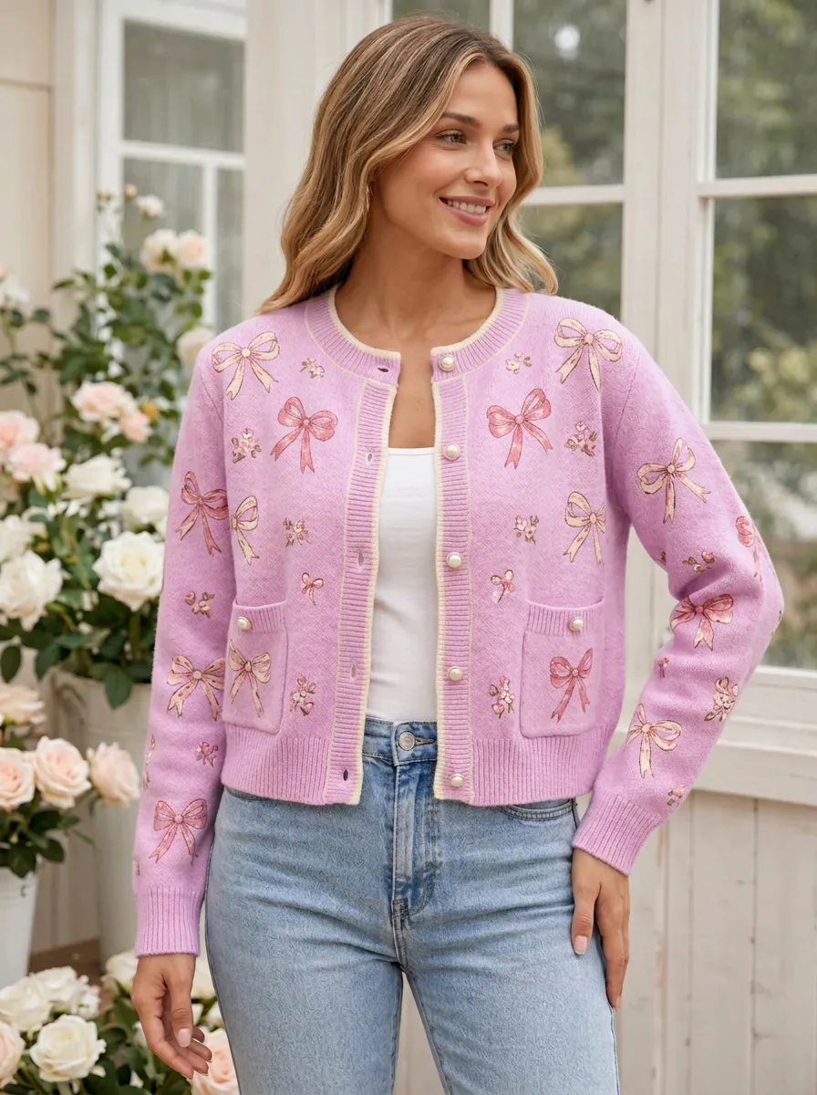 Women's Vintage Inspired Floral Coquette Ribbon Bow Printed Cardigan