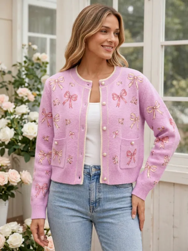 Women's Vintage Inspired Floral Coquette Ribbon Bow Printed Cardigan