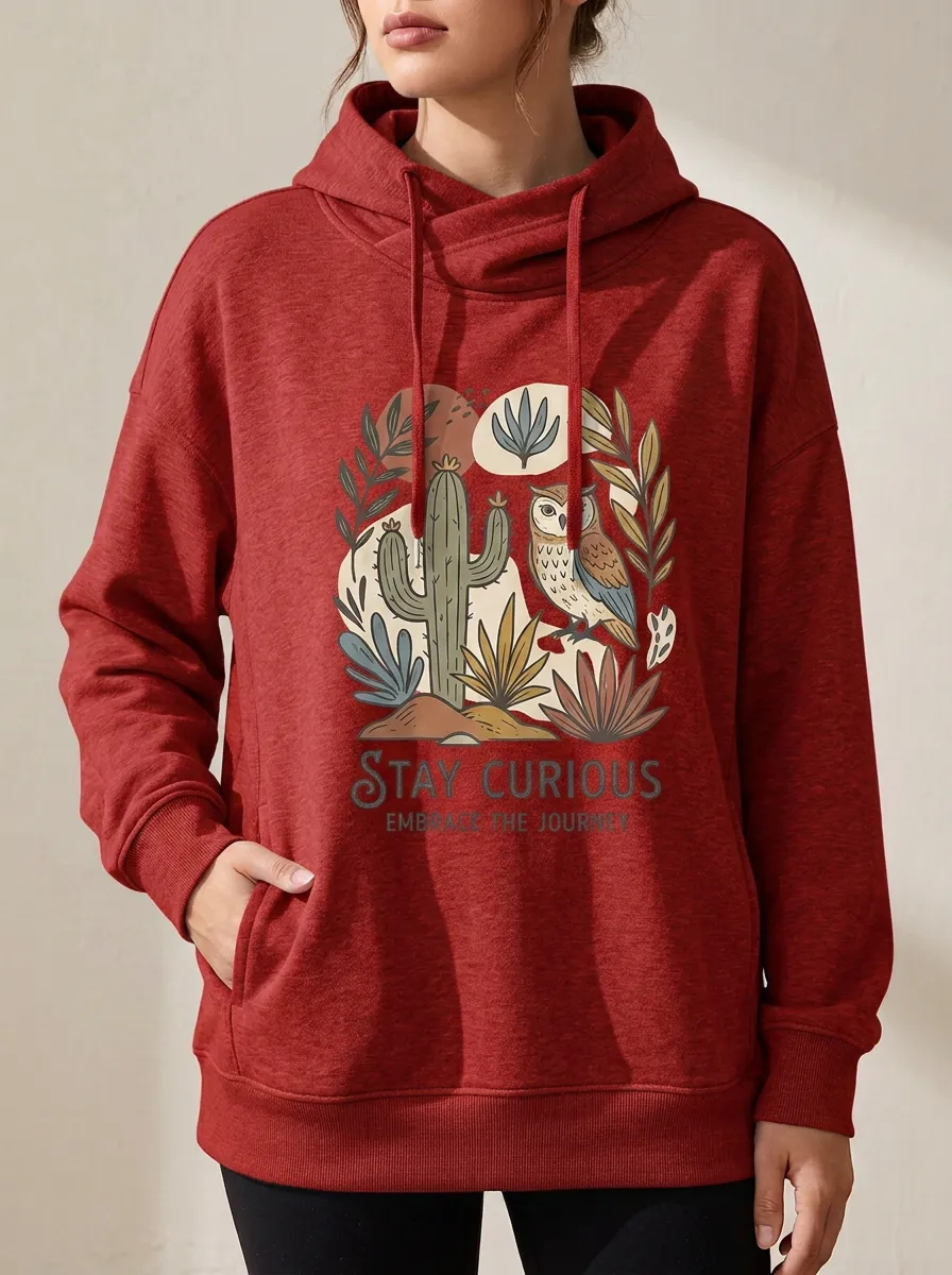 Women's Nature Lover Cactus Owl Stay Curious Printed Hoodie
