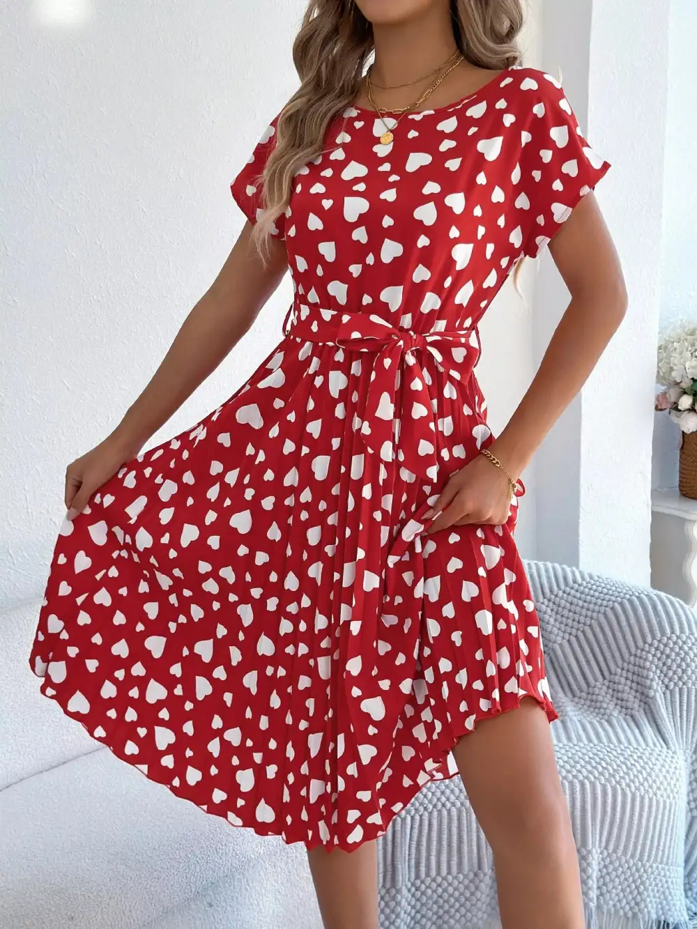Heart Belted Pleated Midi Dress