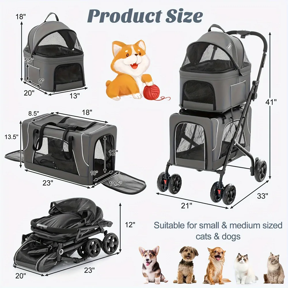 Versatile 2-In-1 Pet Stroller and Carrier Set, Pet Helper for Travel and Daily Use