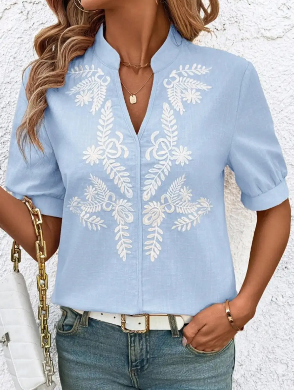 V Neck Embroidered Cotton Short Sleeve Blouse