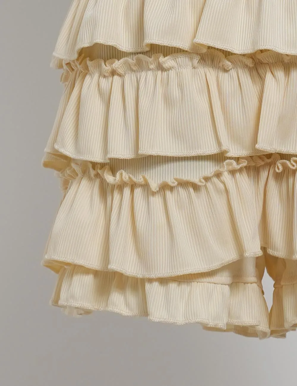 Bow Elastic Waist Lace Trim Tiered Ruffle Mini Shorts