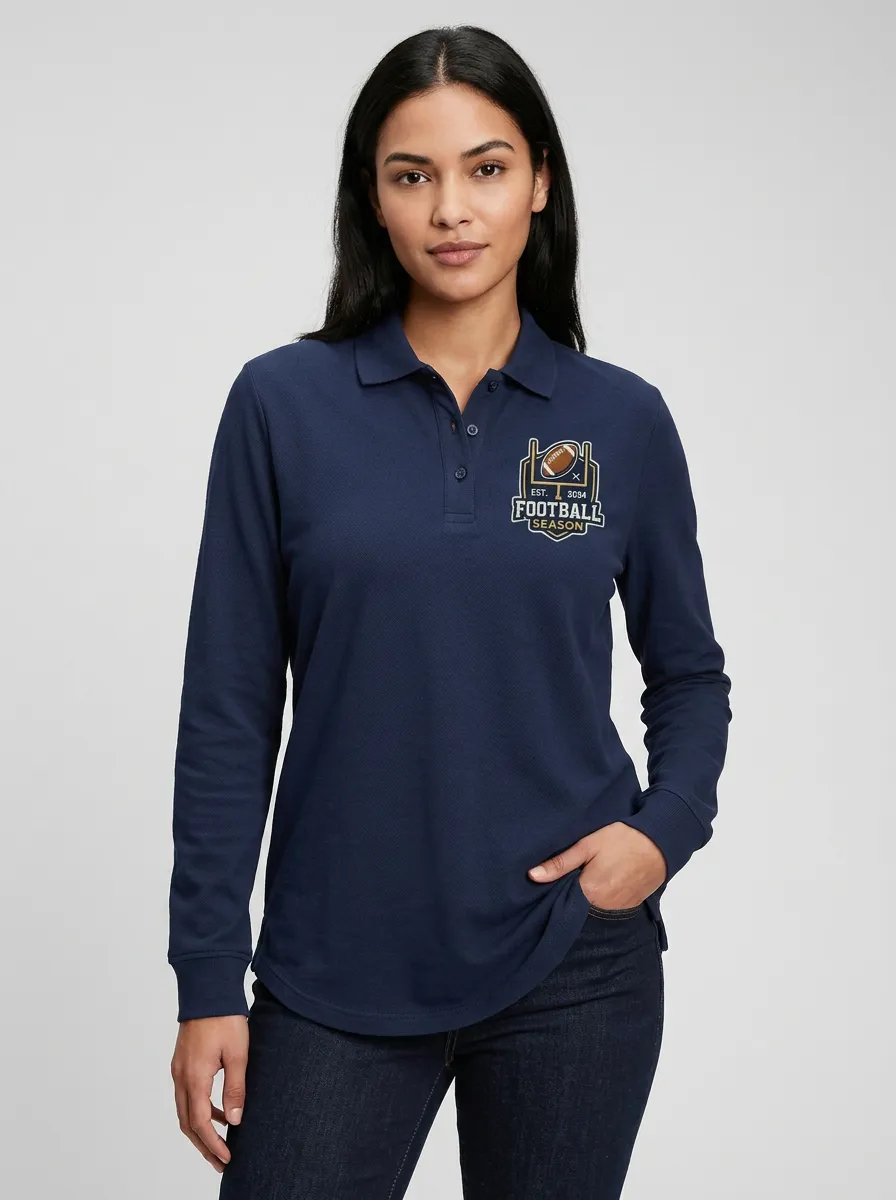 Women's Football Season Goalpost Graphic Printed Long Sleeve Polo Shirt