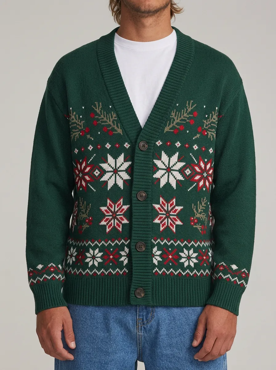 Snowflake Holly Berry V Neck Cardigan