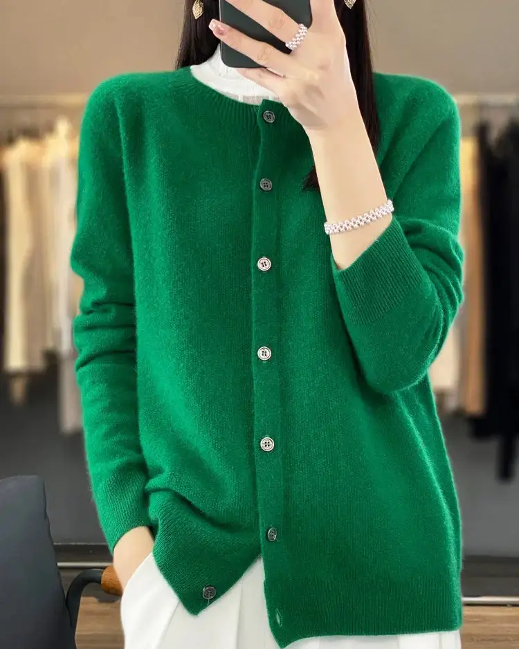 Refined Wool Button-Front Round-Neck Cardigan