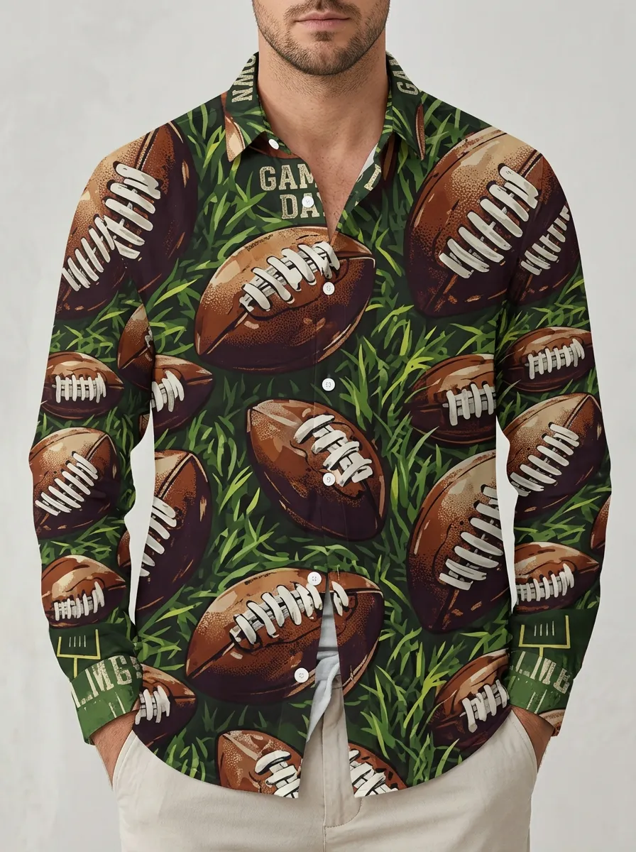 Men's American Football Game Day Grass Pattern Printed Long Sleeve Shirt
