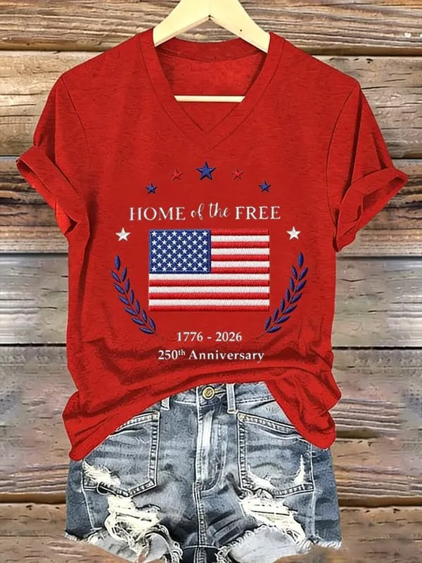 Women'S American 250Th Anniversary Flag V-Neck Short Sleeve Knitted Shirt