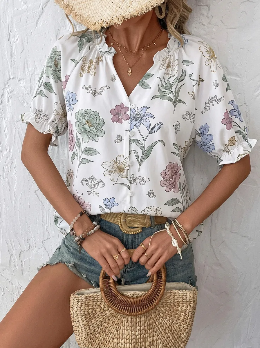 Women's Floral Botanical Print V-Neck Button-Up Printed Blouse
