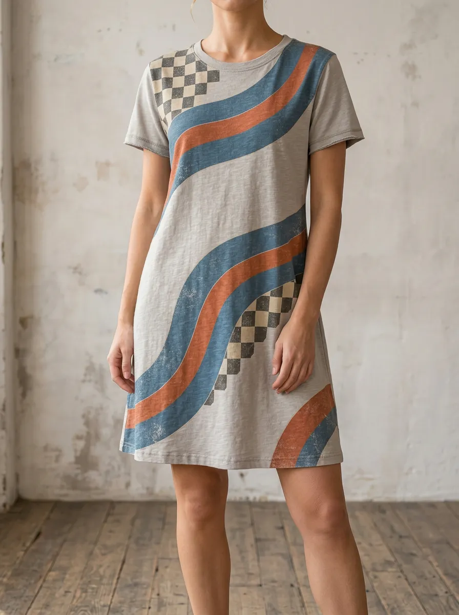 Women's Retro Checkered Wavy Stripe Printed T-shirt Dress