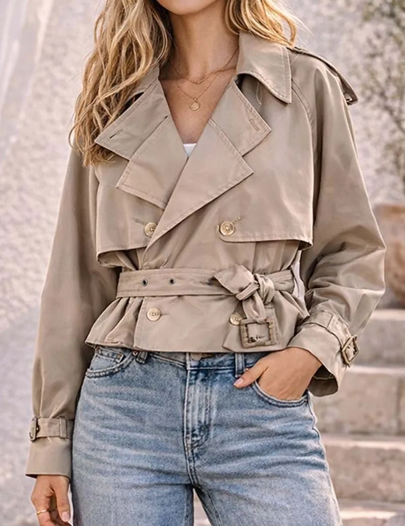 Double Breasted Belted Cropped Trench Jacket