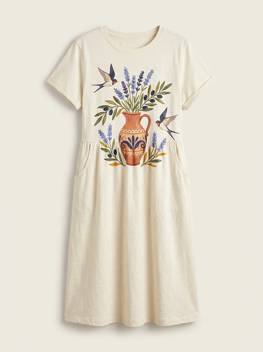 Botanical Nature Lover Swallow Lavender Vase T-Shirt Dress