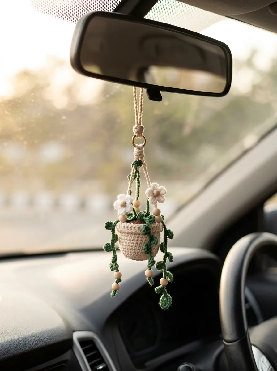 Refined Crochet Floral Rearview Mirror Hanging Ornament
