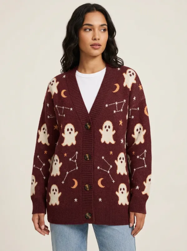 Women's Ghost Celestial Halloween Knit Cardigan