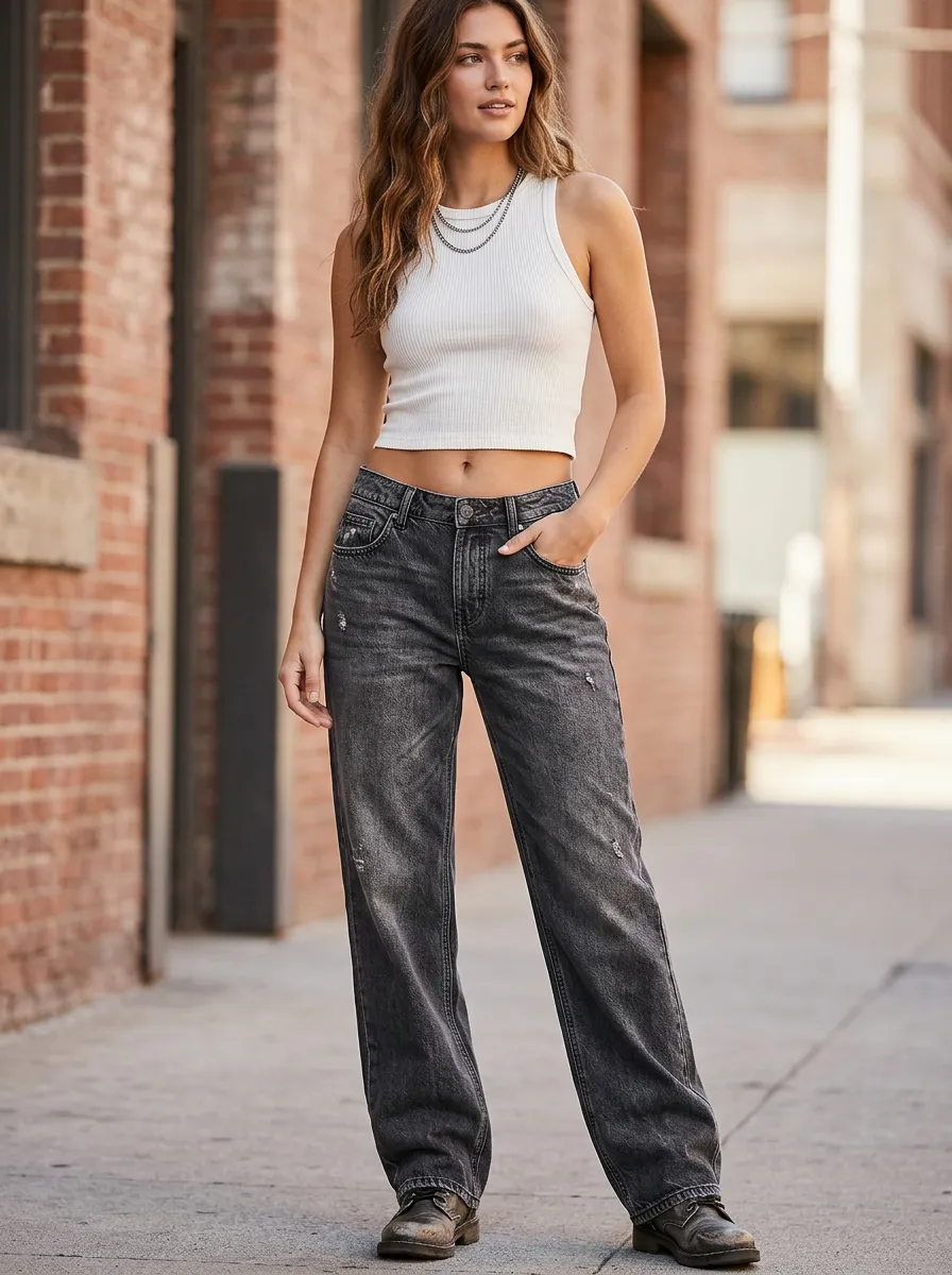 Women's Casual Streetwear Distressed Washed Black Denim Jeans