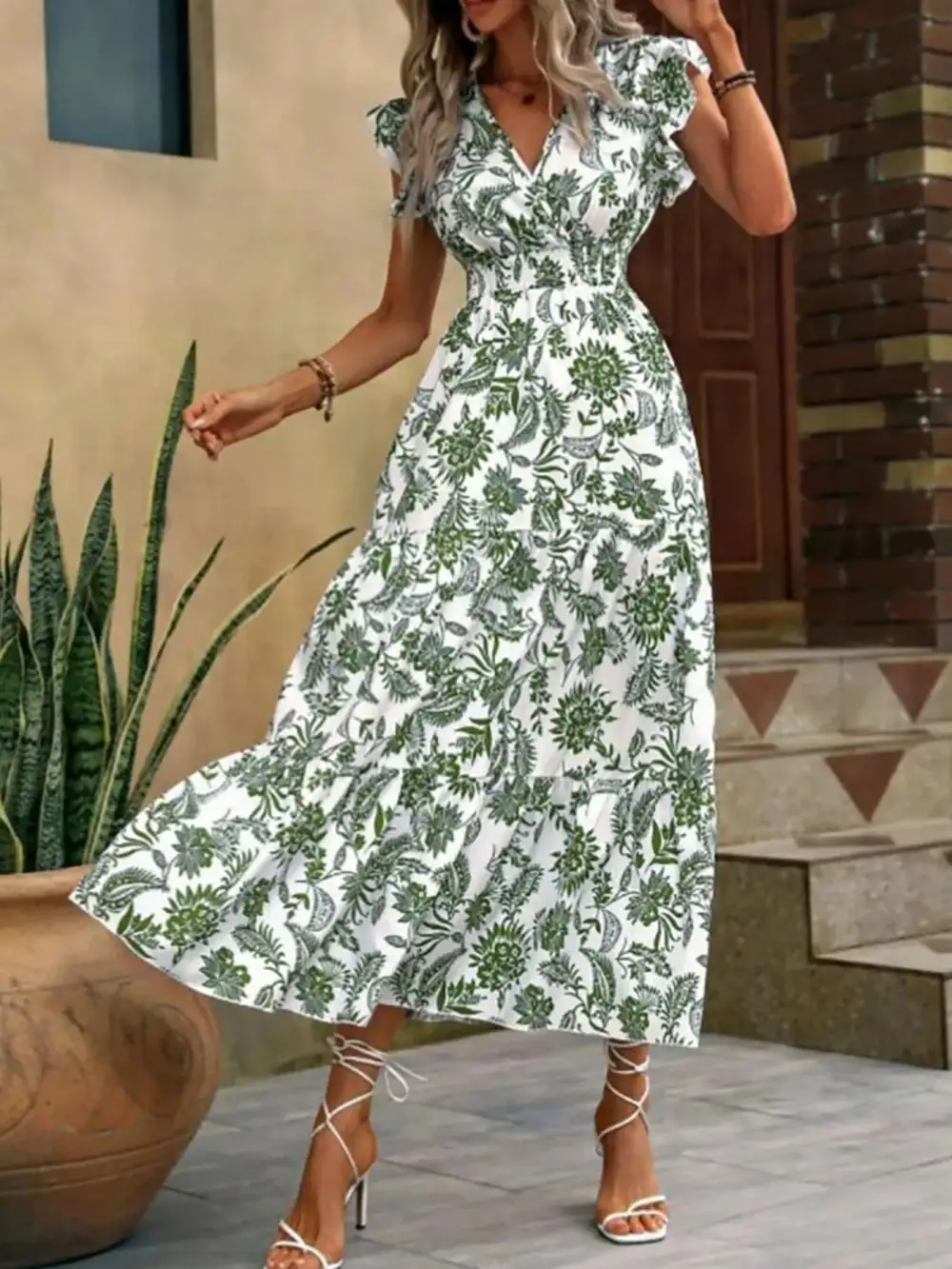 Ruffle Ruffle Sleeve Midi Dress