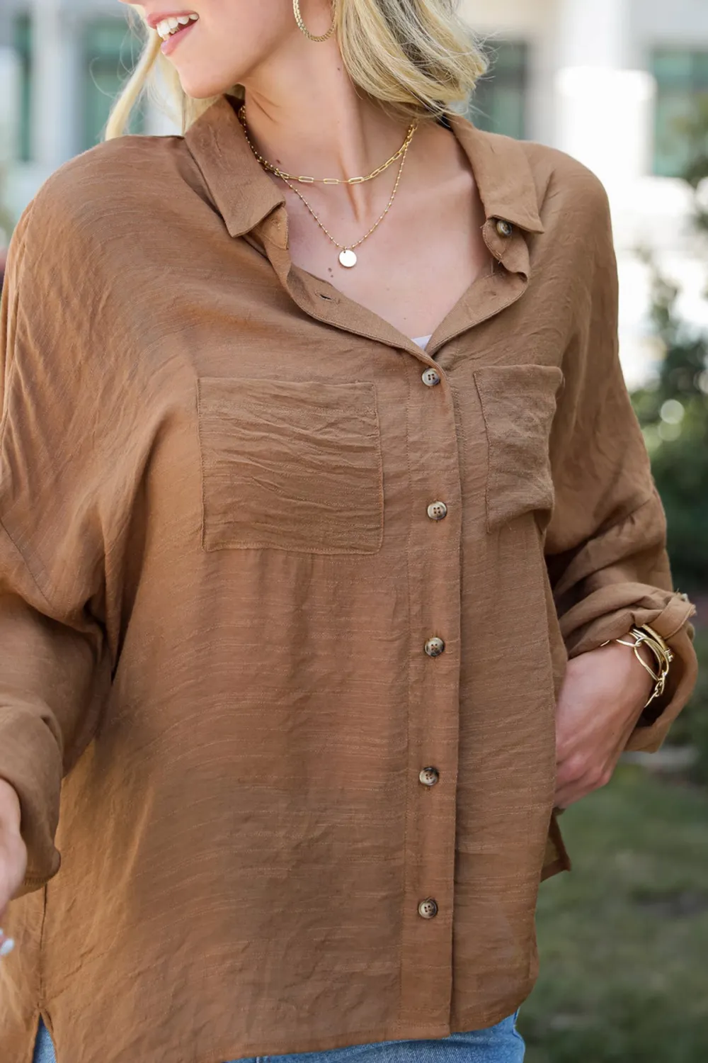 Slight Stretch Button-Up Blouse