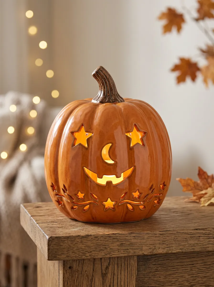 Star-Moon Cutout Ceramic-Look Halloween Pumpkin Light