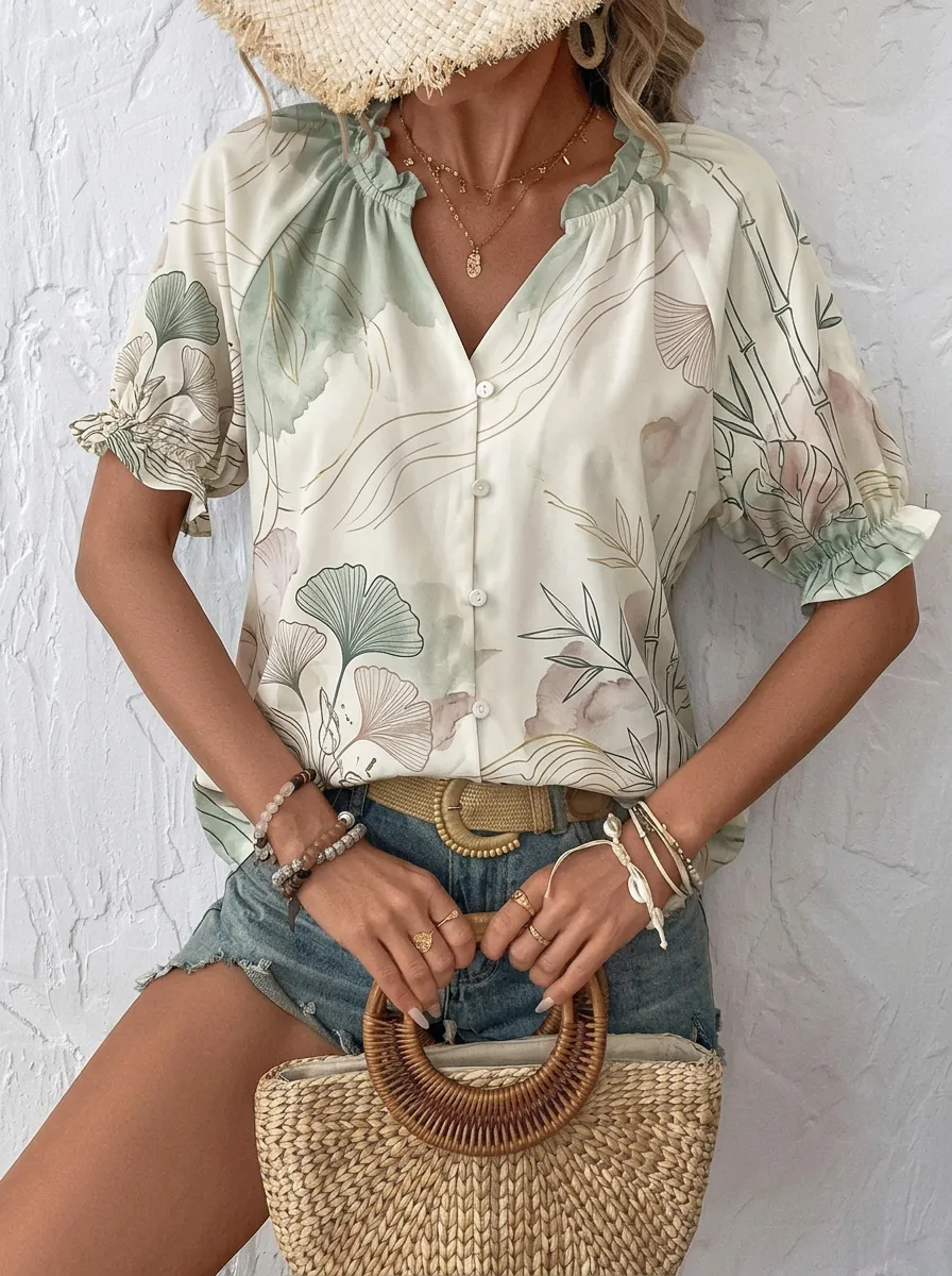 Women's Botanical Nature Lover Ginkgo Bamboo Printed Blouse