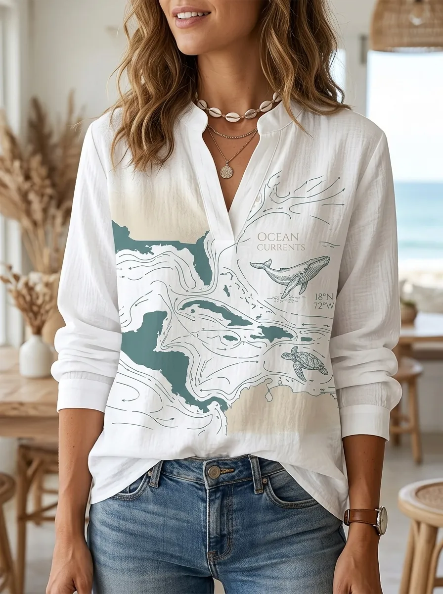 Women's Ocean Lover Whale Turtle Map Printed V-Neck Top