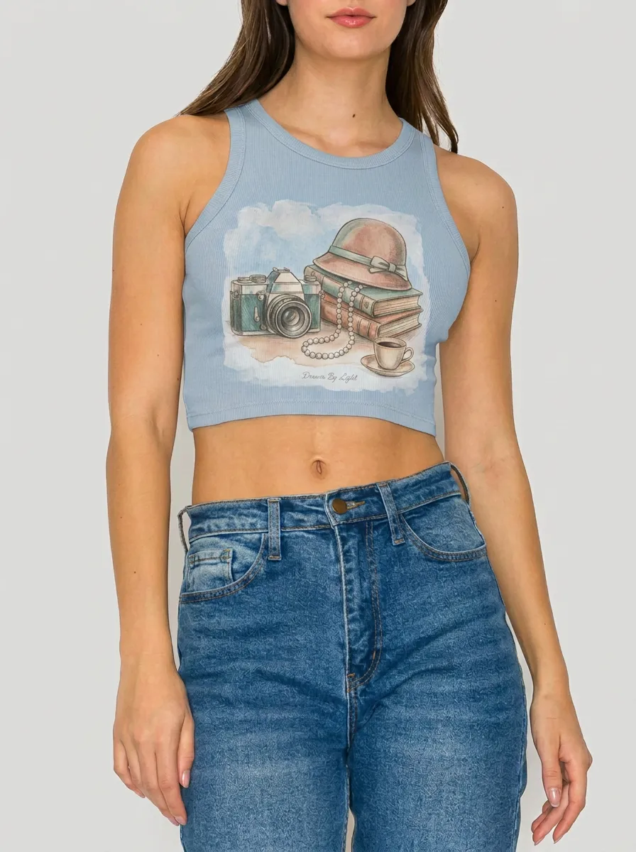 Women's Vintage Aesthetic Camera Books Hat Printed Crop Top