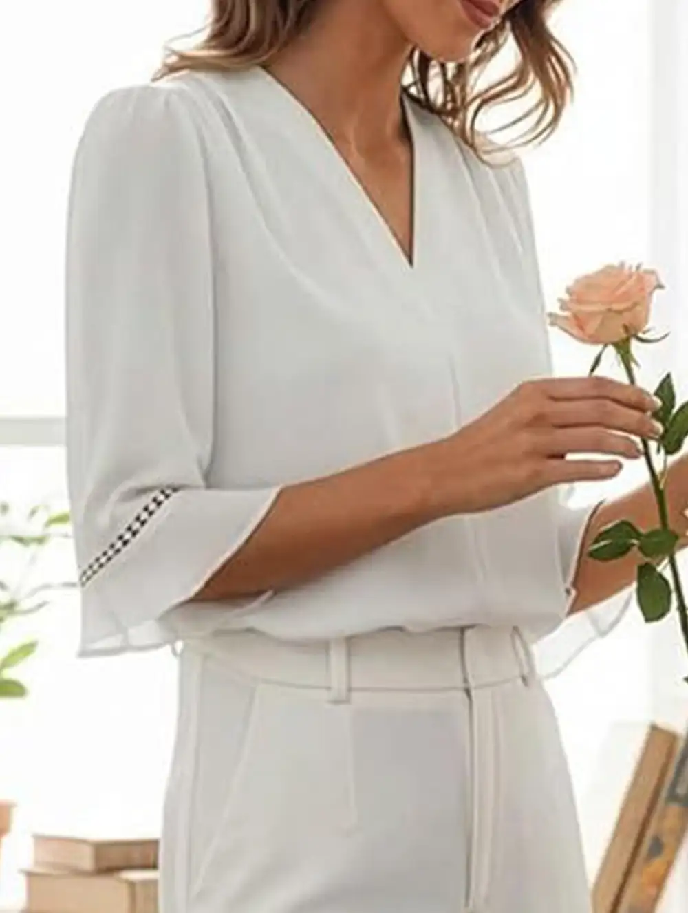 V Neck Office Three Quarter Sleeve Blouse