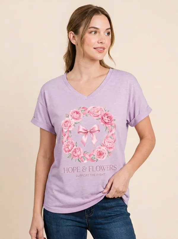 Women's Breast Cancer Awareness Pink Ribbon Floral Wreath Printed T-shirt