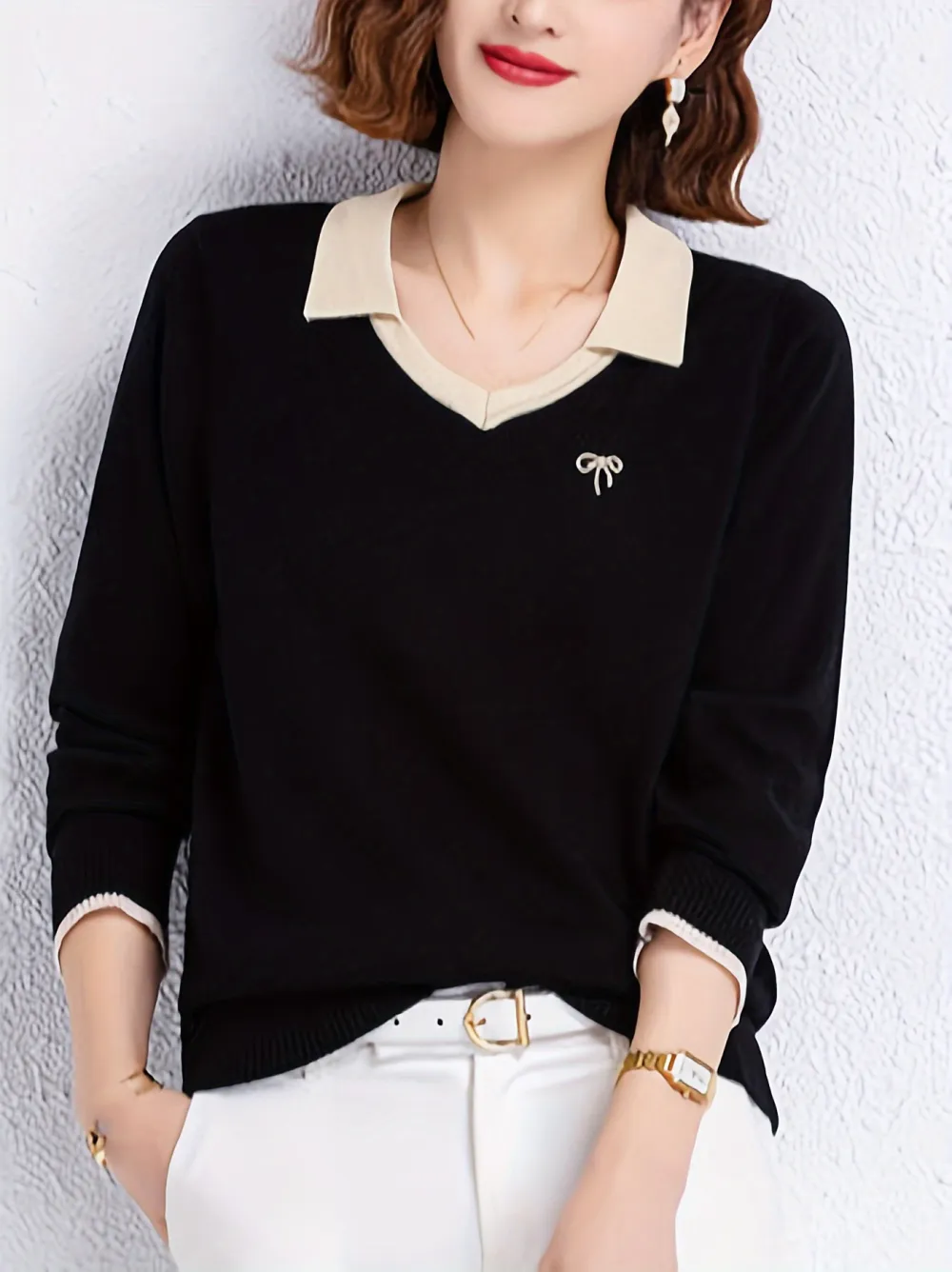 Notched Collar Knitted Sweater Casual Long Sleeve