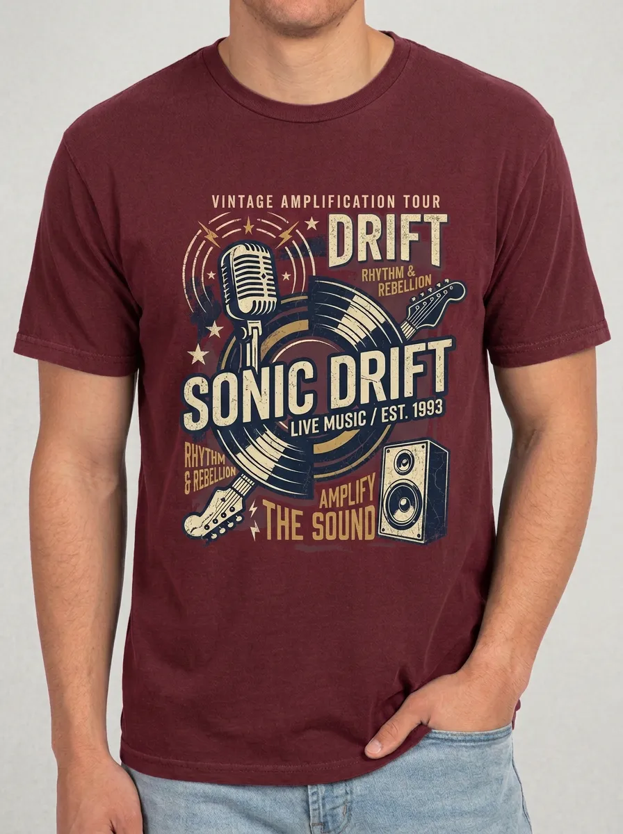 Men's Rock Music Lover Vintage Guitar Microphone Printed T-shirt
