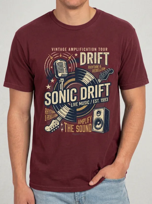 Men's Rock Music Lover Vintage Guitar Microphone Printed T-shirt