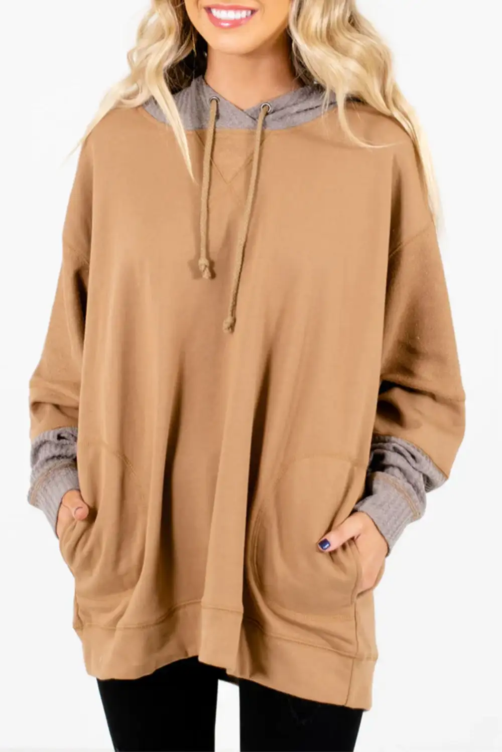 Contrast Hood Patchwork Pocketed Relaxed Sweatshirt