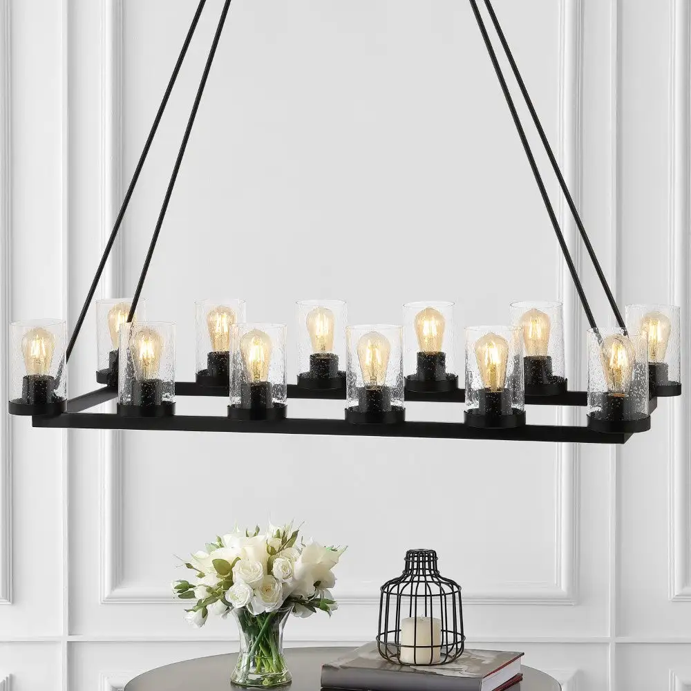 Seeded Glass Iron Rustic Farmhouse Linear LED Chandelier