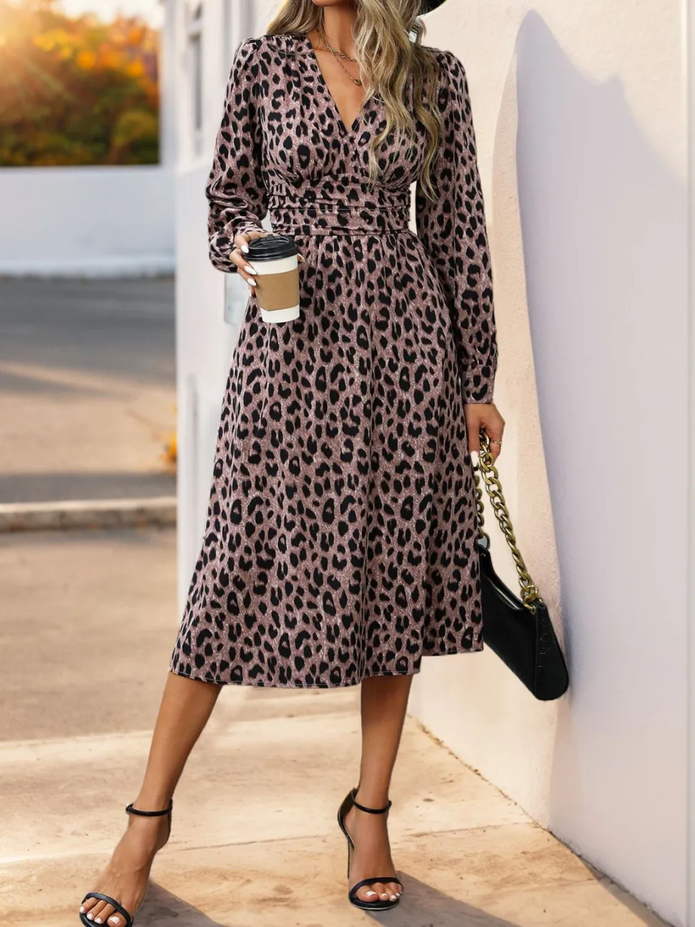Surplice Long-Sleeve Leopard-Print Midi Dress