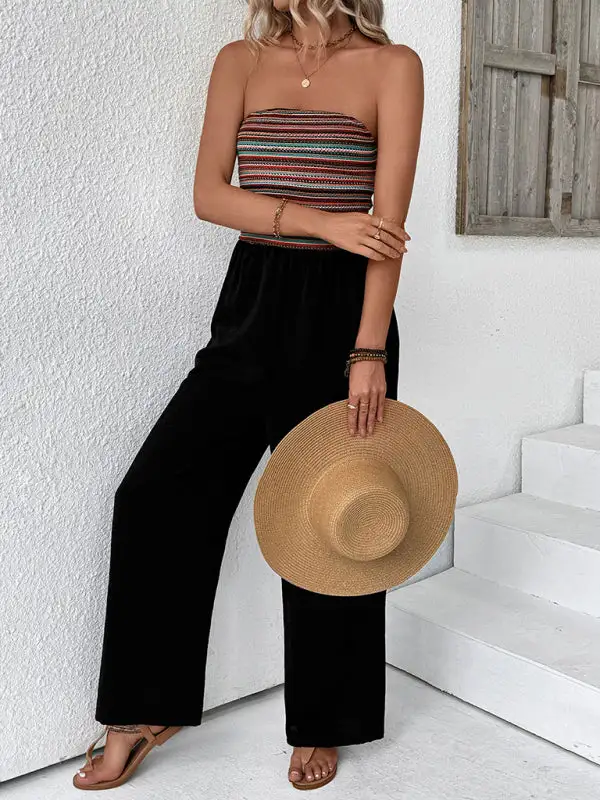 Casual Simple Elastic Stitching Striped Jumpsuit