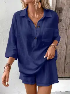 Button-Detail Pocketed Cotton Top and Shorts Matching Set