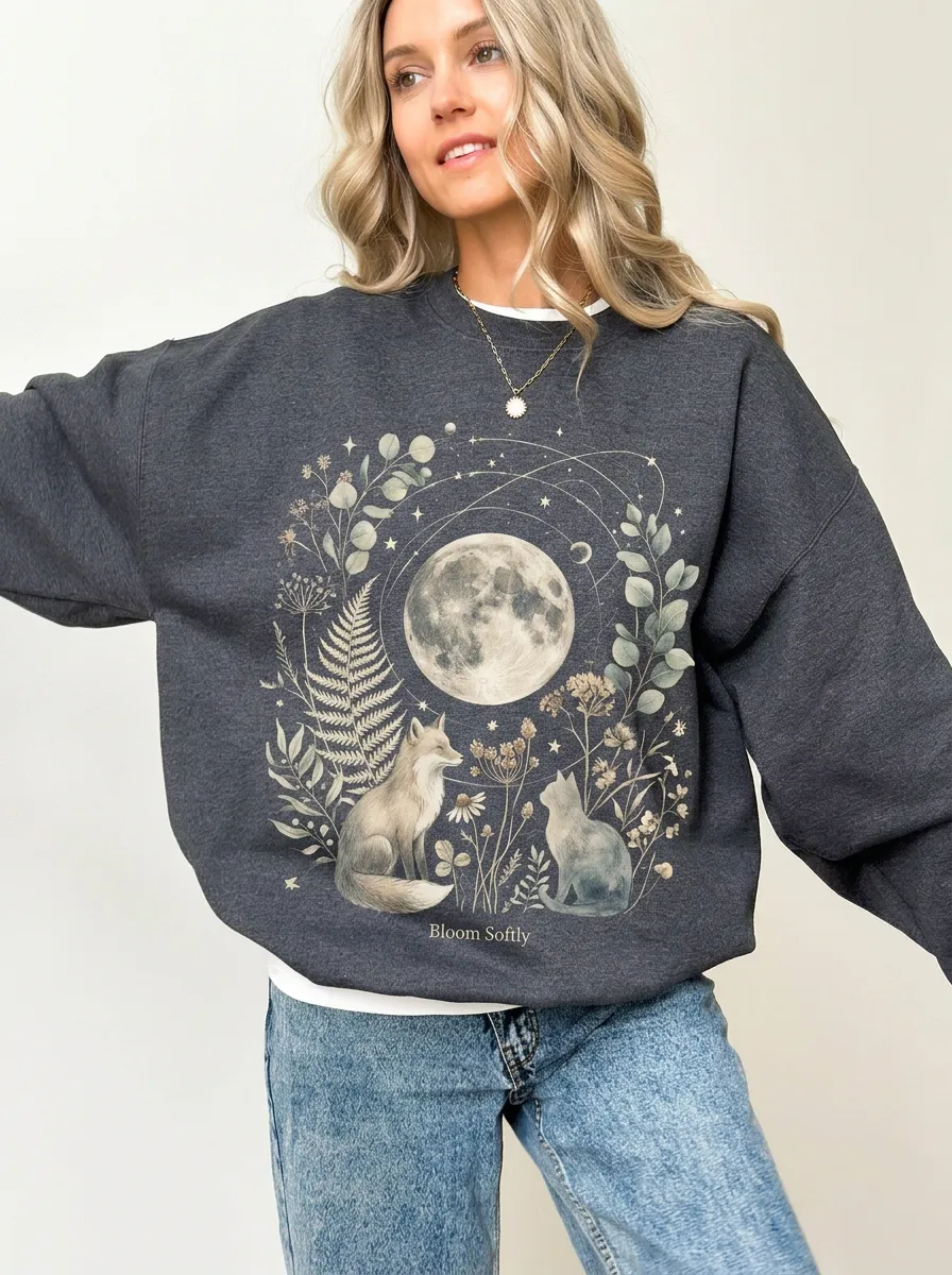 Women's Celestial Fox and Cat Moon Floral Printed Sweatshirt